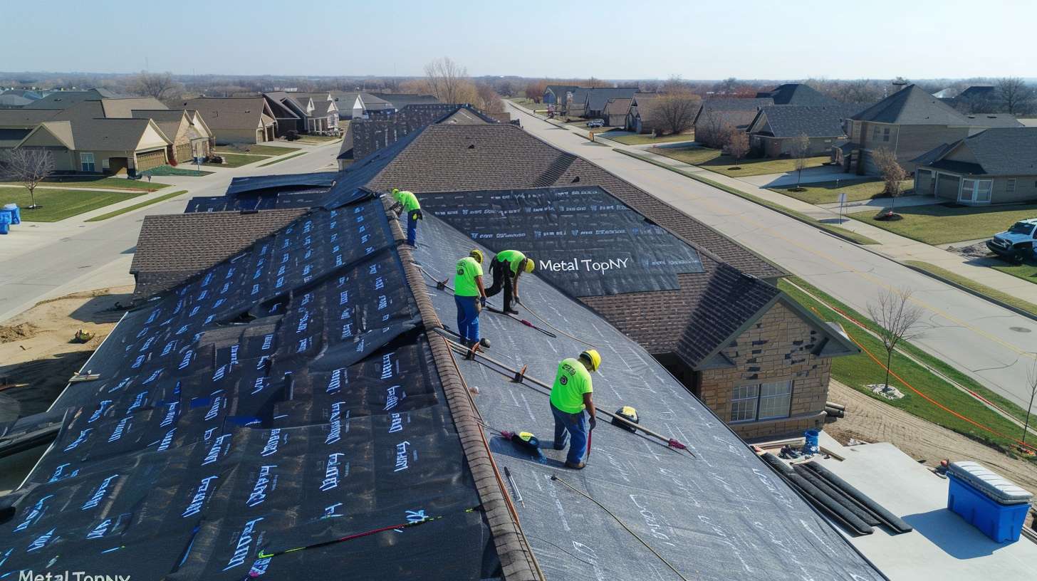 Steel roofing installation on residential home in Queens, New York Professional roofers installing metal panels on pitched roof Close-up of interlocking steel roof shingles with protective coating Modern steel roof with ridge cap and ventilation system Completed steel roofing project showcasing durability and design Roofing crew working safely on metal roof installation Comparison of steel roofing materials and color options Steel roof withstanding severe weather conditions Award certificate for excellence in roofing services Before and after steel roof replacement in Jamaica, Queens