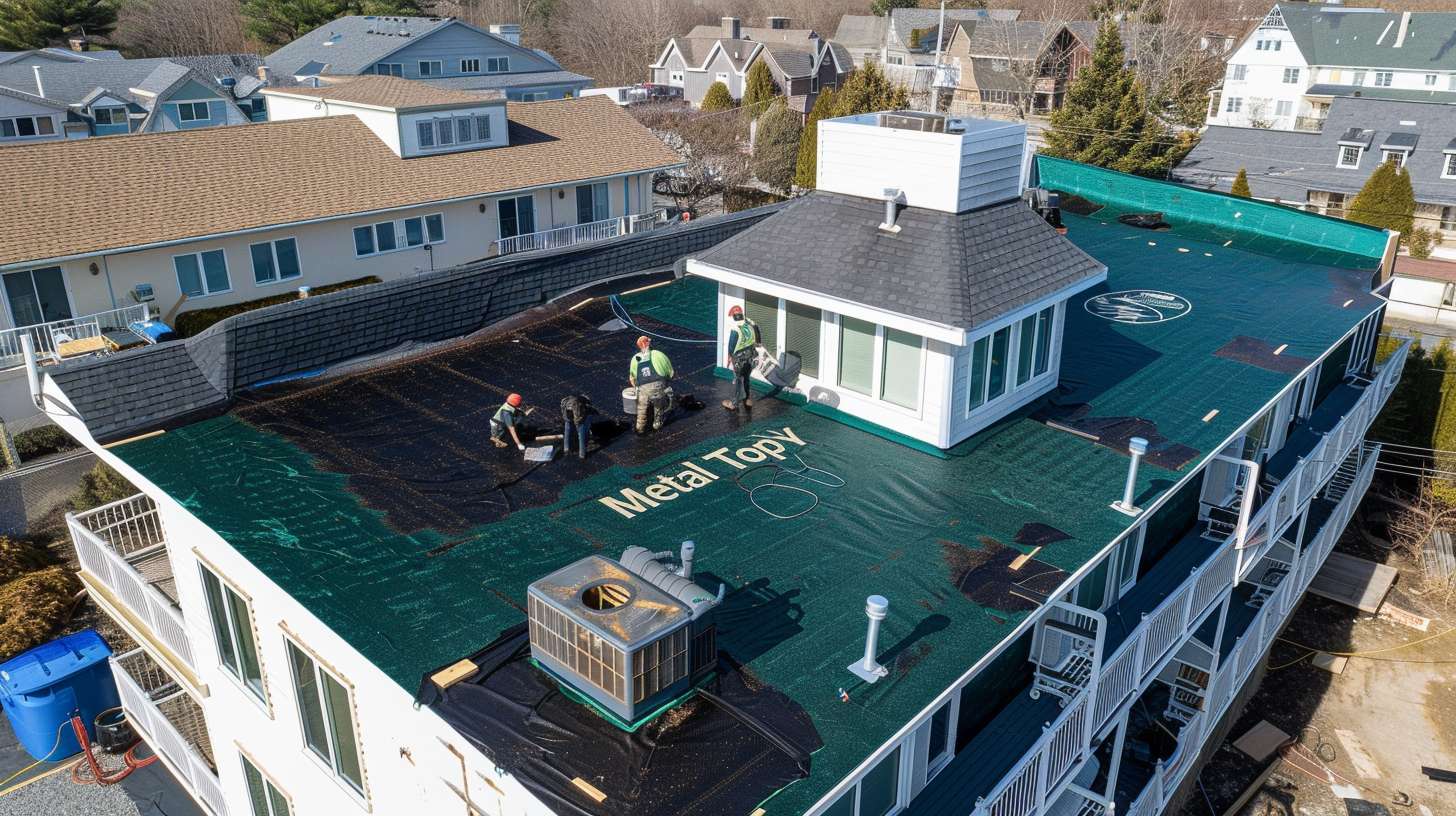 Professional metal roof repair technician working on commercial building in Flushing, Queens