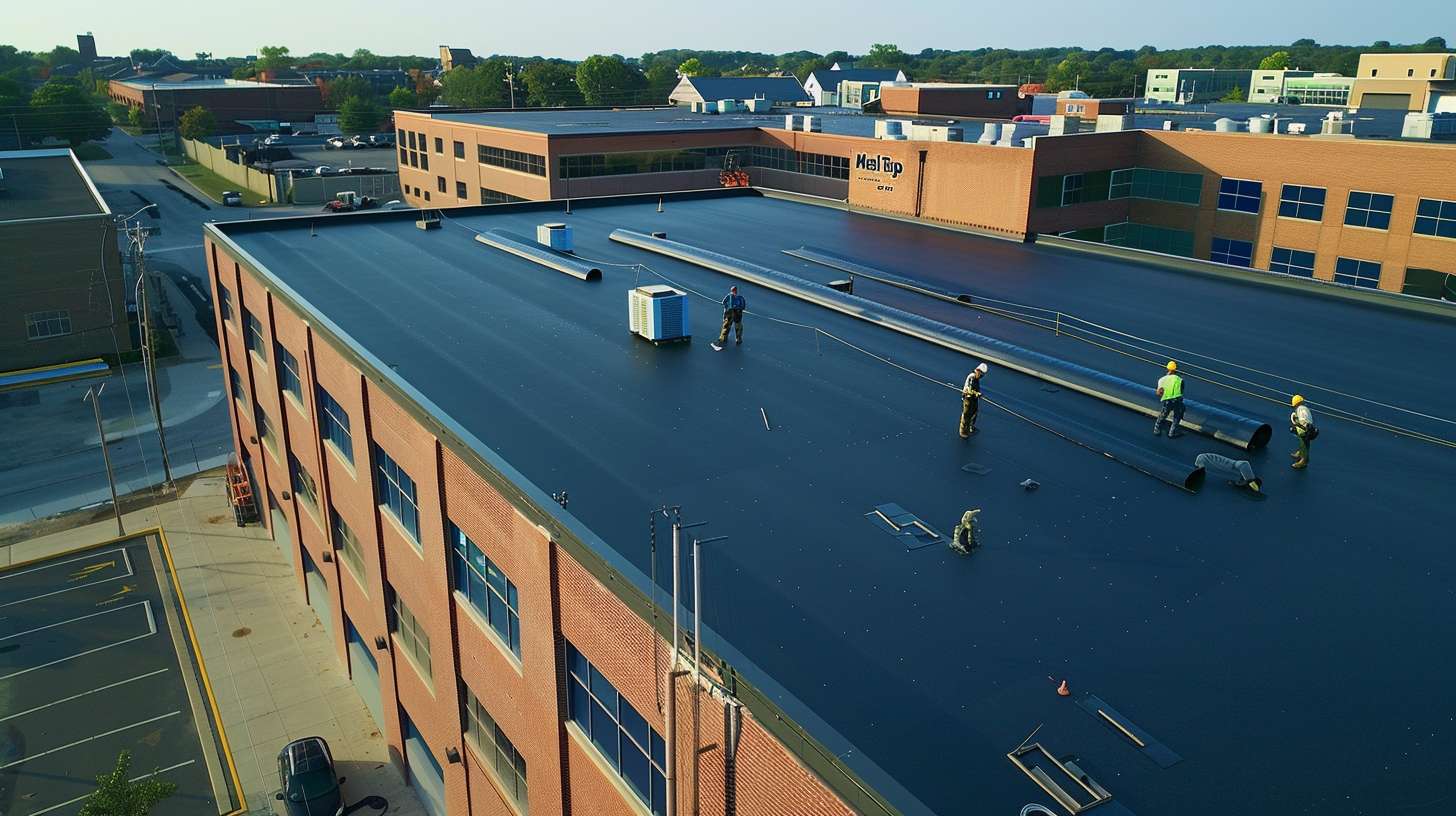 Flat roof repair specialist working on commercial building in Flushing, Queens