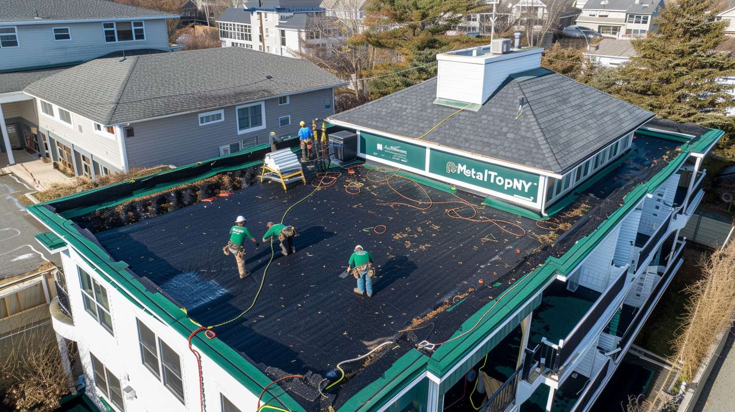 Professional roofer repairing shingles on residential home in Flushing, Queens Damaged roof with missing shingles requiring repair services Roof repair crew working on flat commercial building near Queens Close-up of quality roofing materials used for repairs Emergency roof leak repair being performed during storm damage Completed roof restoration showing quality workmanship in Flushing area