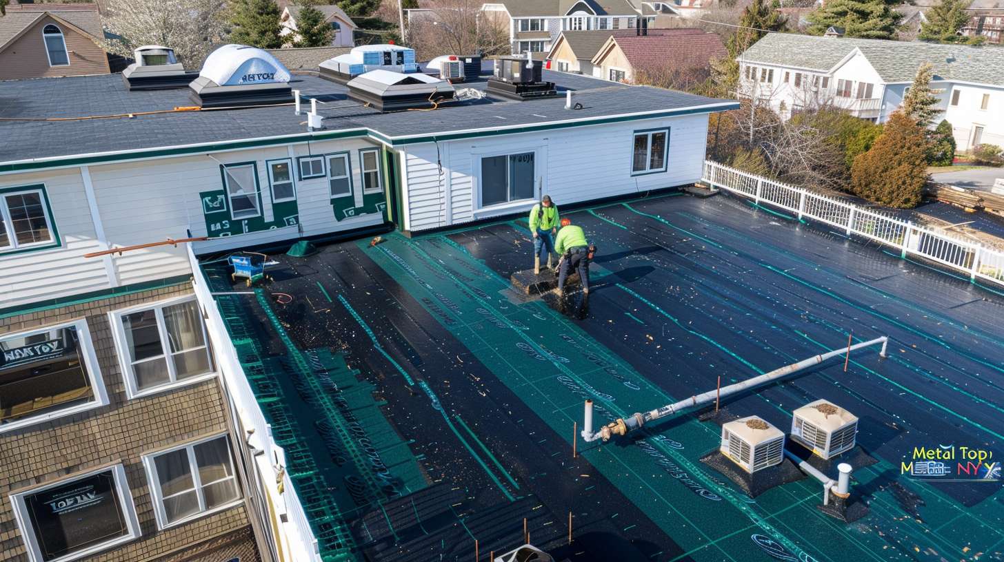 Professional roofer repairing shingles on a residential roof in Jamaica, Queens
