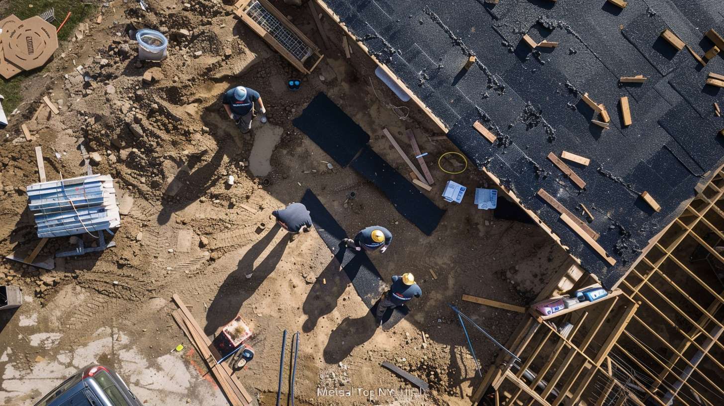 Flat roof replacement work in progress on commercial building in Astoria, Queens