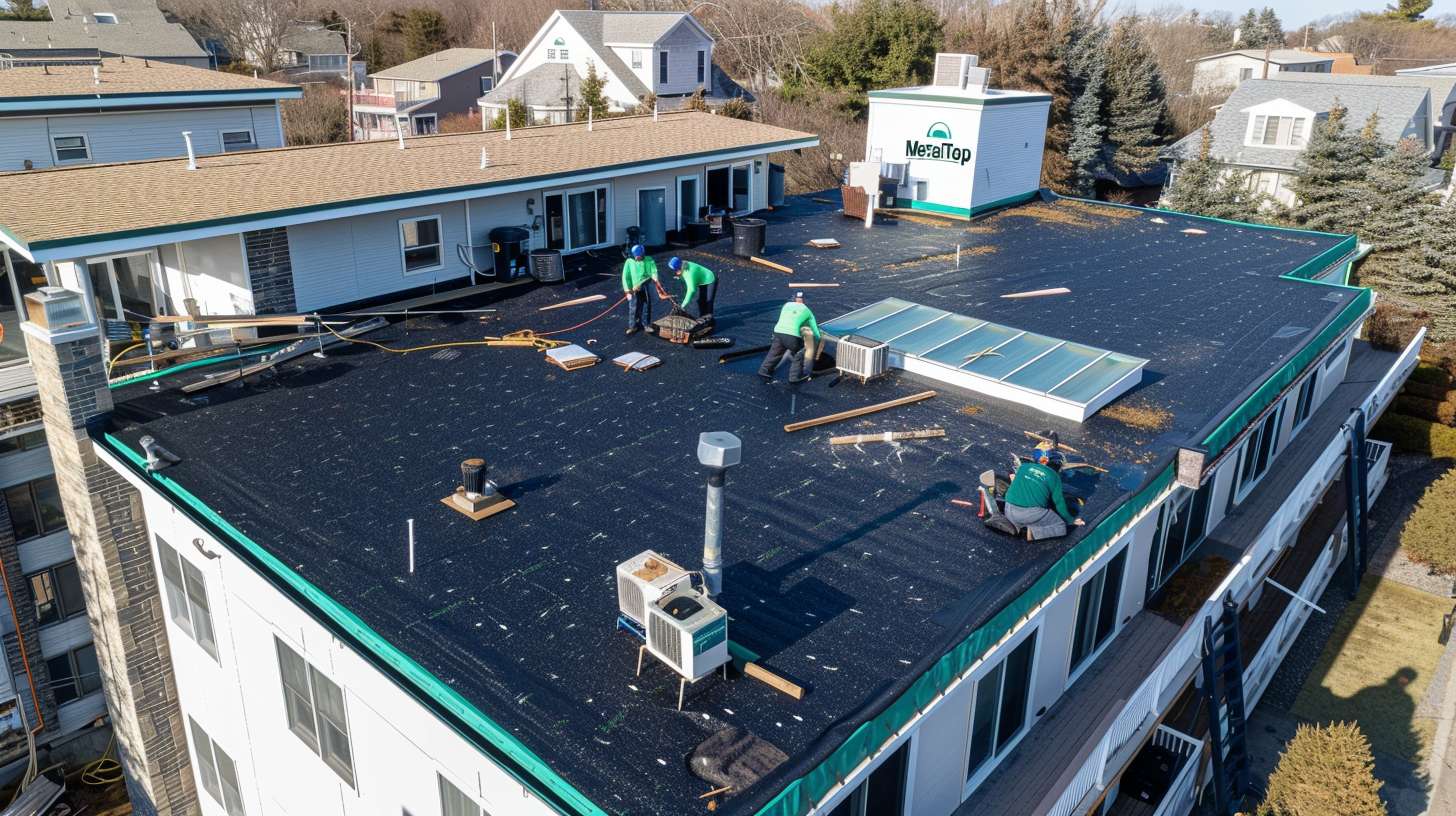 Flat roof replacement work in progress on commercial building in Flushing, Queens