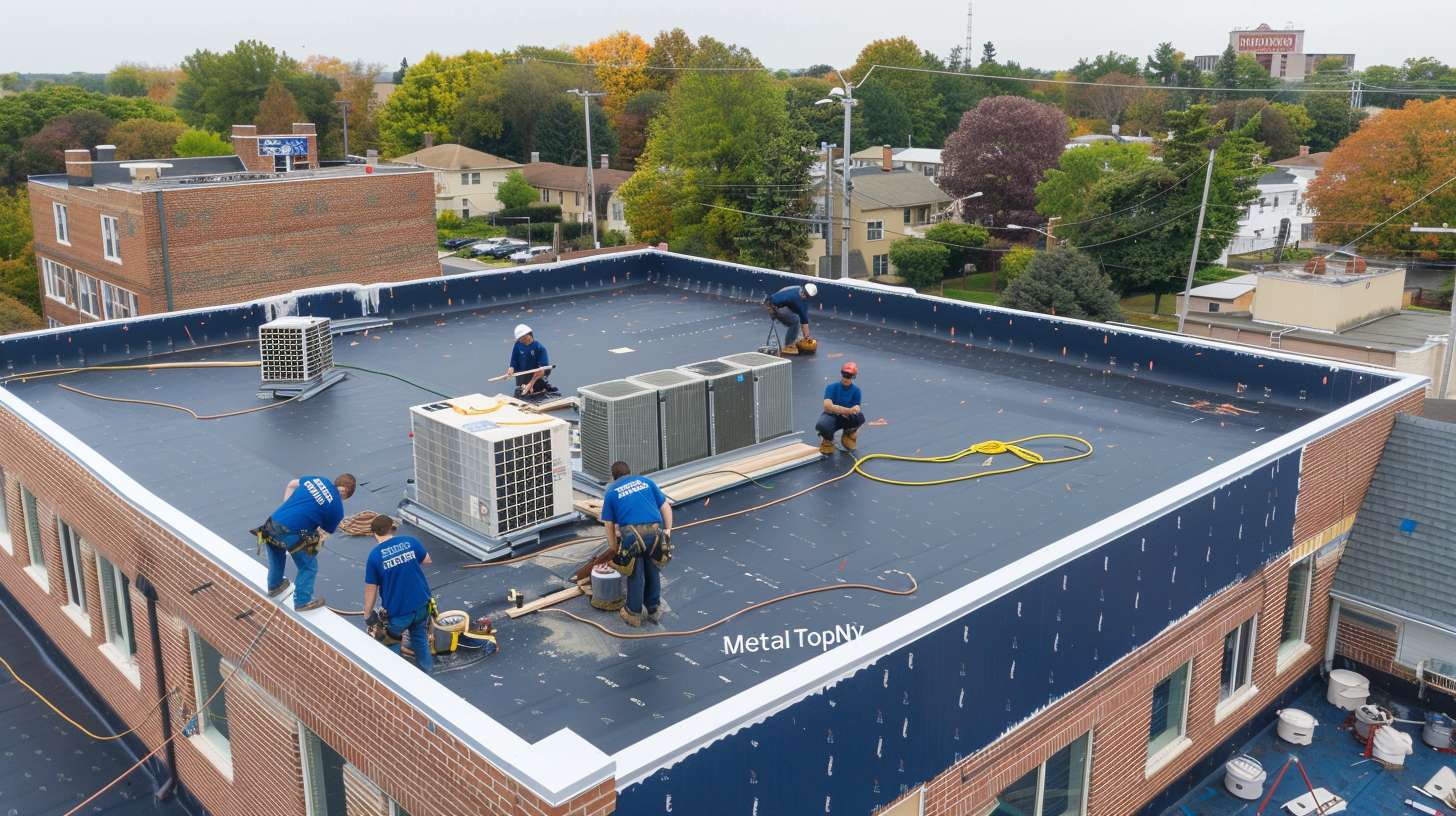 Emergency roof repair service team working on damaged residential roof in Flushing Queens