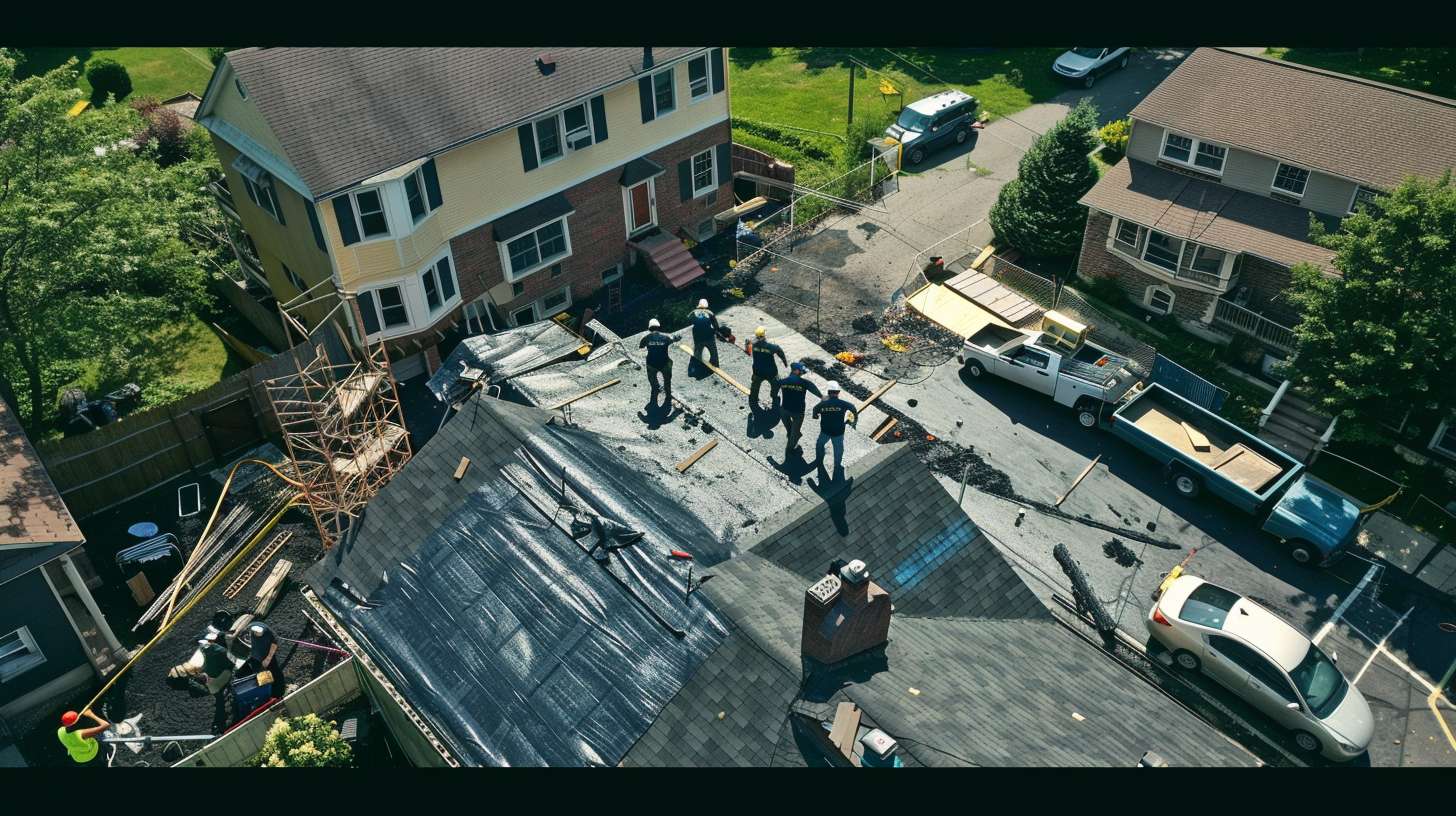 Commercial roofing contractors inspecting flat roof on business building in Astoria, Queens