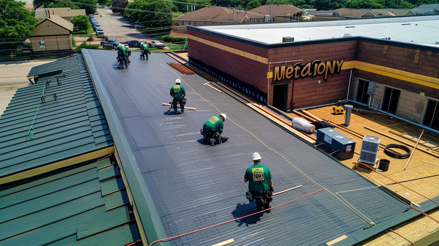 Commercial roofing contractor inspecting flat roof system in Flushing, Queens Professional roofer installing commercial roofing materials on Queens business building Commercial roof repair team working on industrial property in Flushing Free roofing estimate consultation for commercial property in Queens, New York Completed commercial roof installation on Flushing business facility