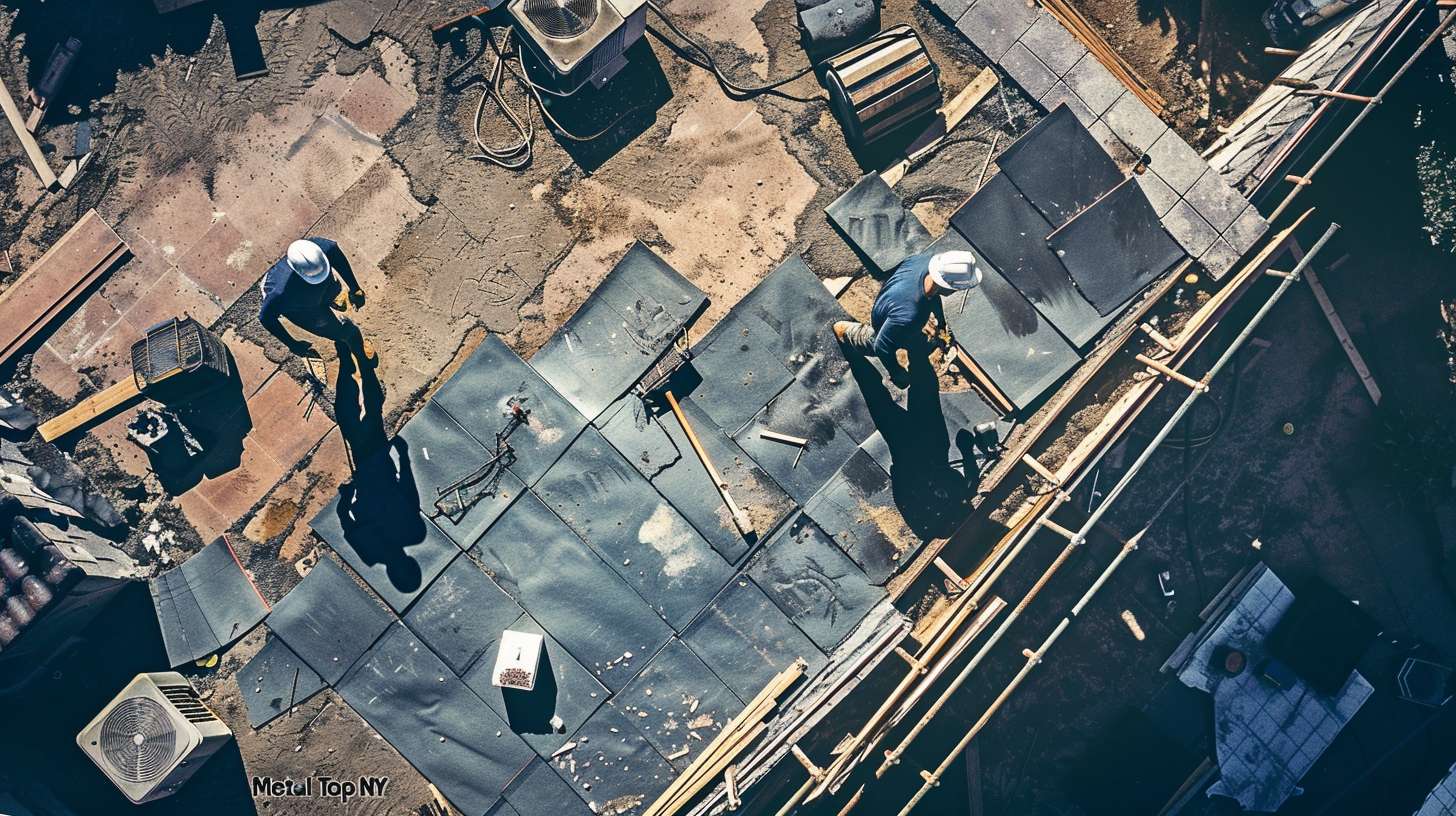 Professional metal roof installation on residential home in Astoria, Queens with workers securing panels
