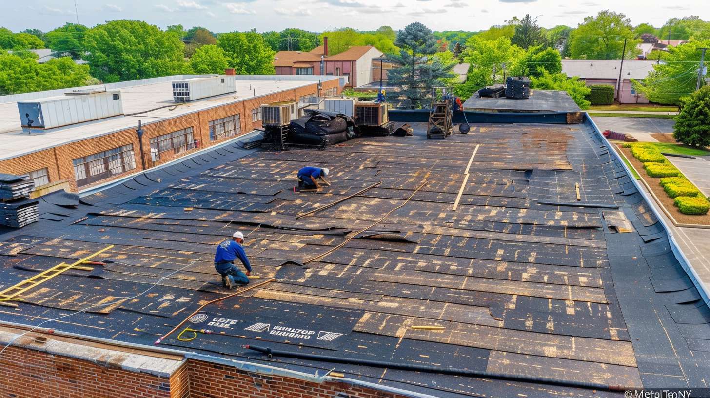 New roof installation on residential home in Jamaica, Queens with workers applying shingles