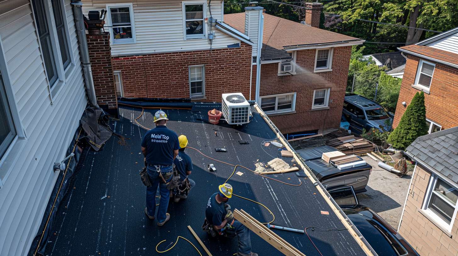 Professional roofer inspecting and repairing a leak on a residential roof in Astoria, Queens