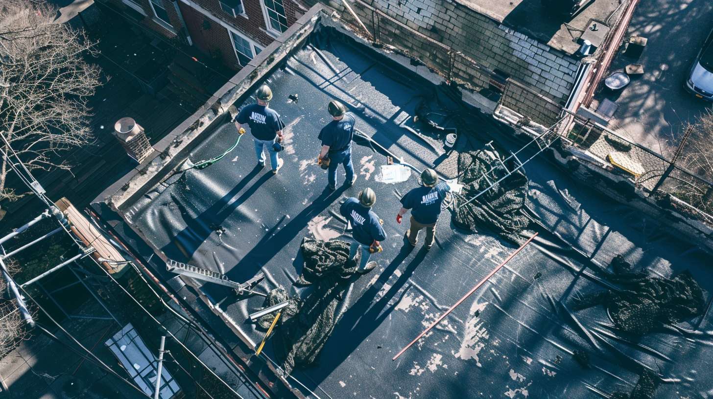 Professional roofer inspecting and repairing a leak on a residential roof in Flushing, Queens