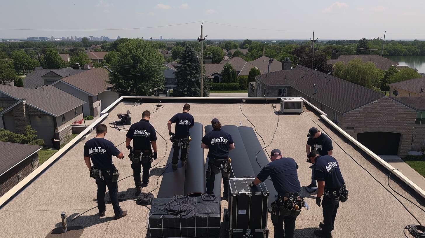 Professional roofer inspecting and repairing a leak on a residential roof in Jamaica, Queens