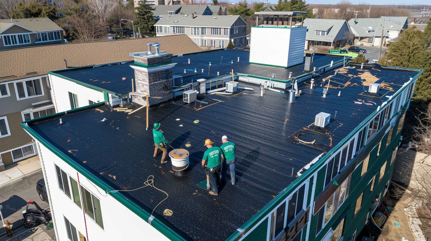 Professional roofer installing shingles on residential home in Flushing, Queens