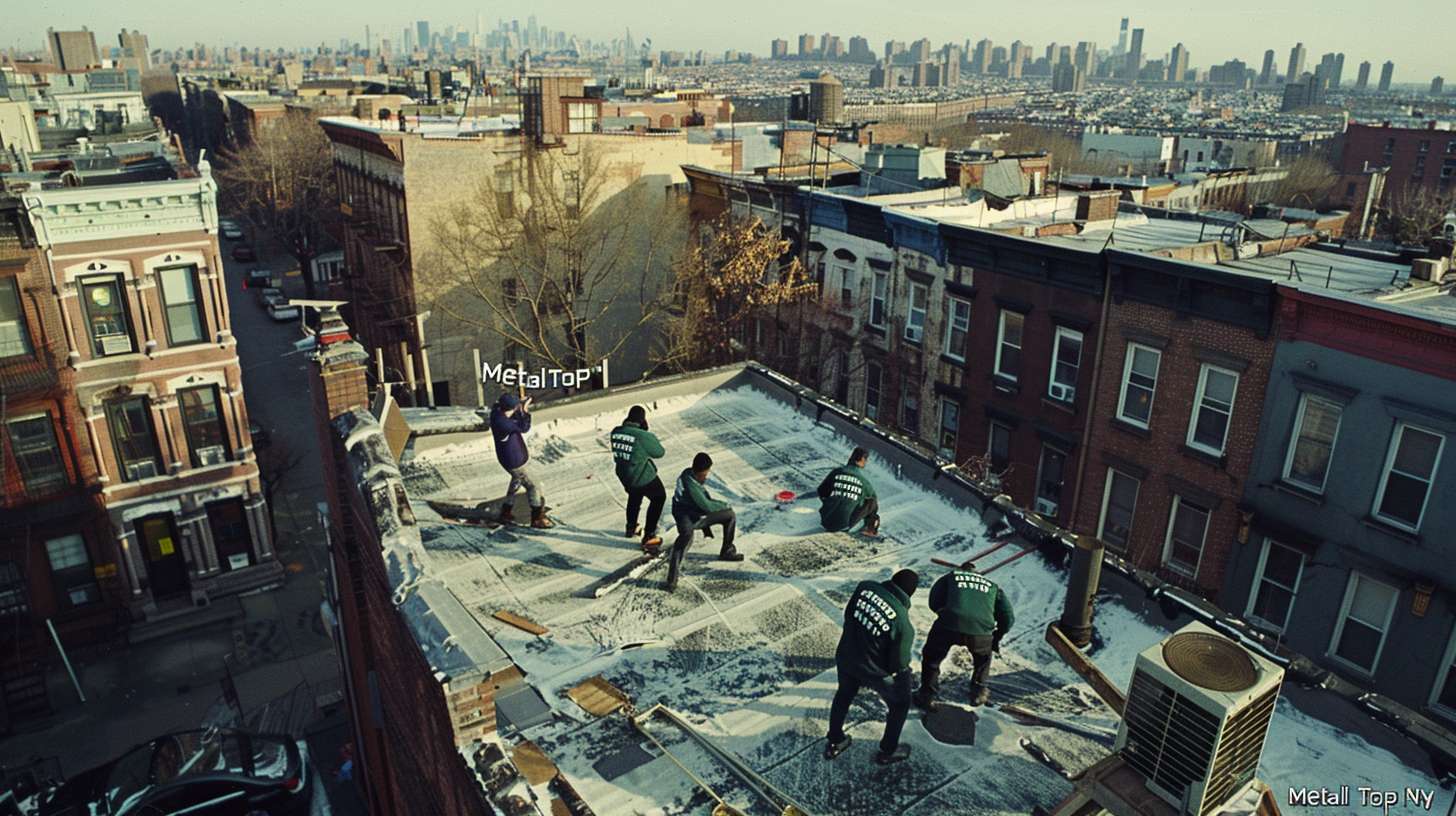 Roof replacement crew installing new shingles on a Jamaica, Queens residential home