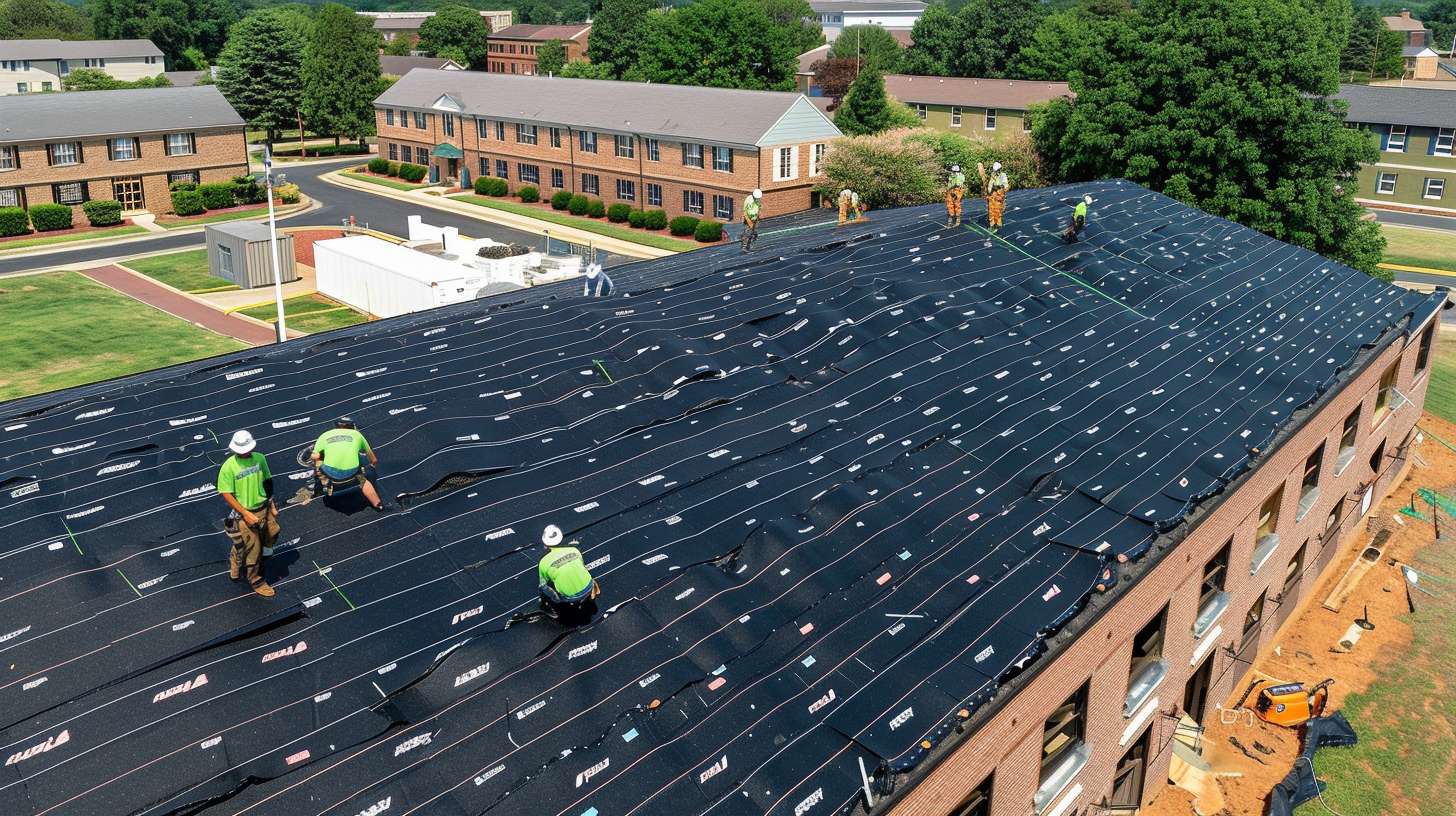 Emergency roof repair technician working on damaged shingles in Jamaica, Queens residential area