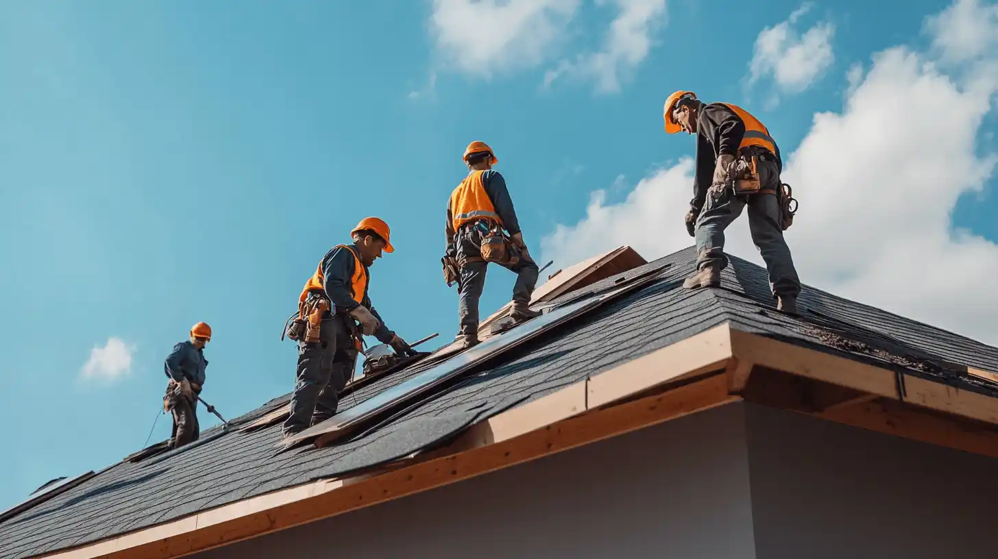 group of roofers working on a shingle roof
